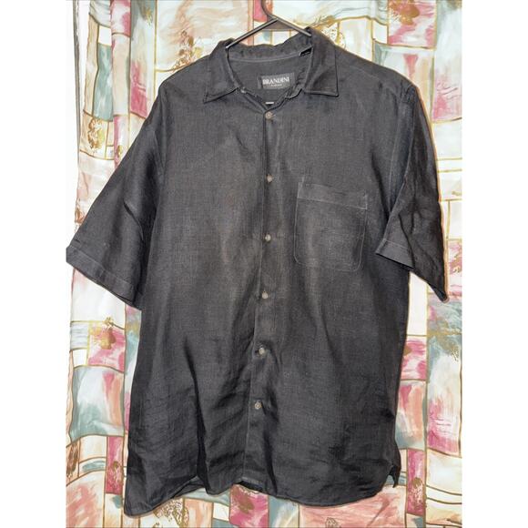 Brandini 100% Linen Short Sleeve Button Down Shirt Black Office Men M Dress Gorp - Picture 6 of 8
